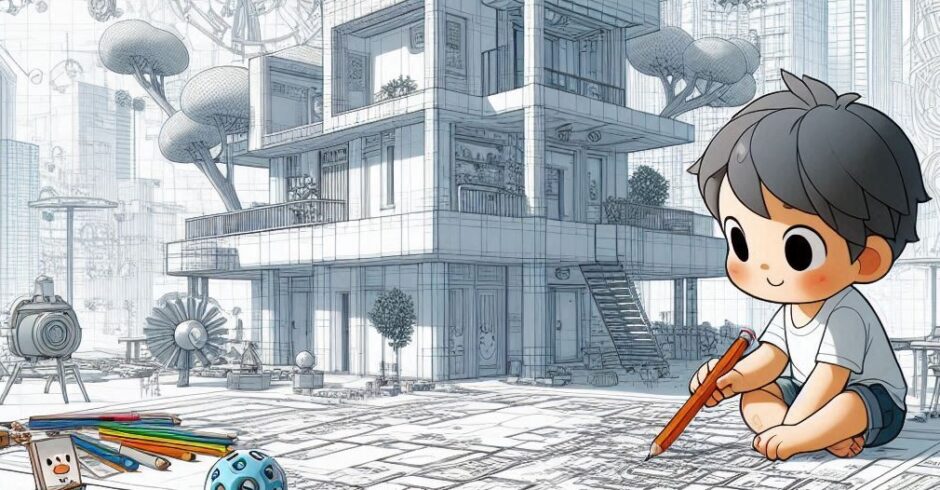 建築の図面を描くトトまる