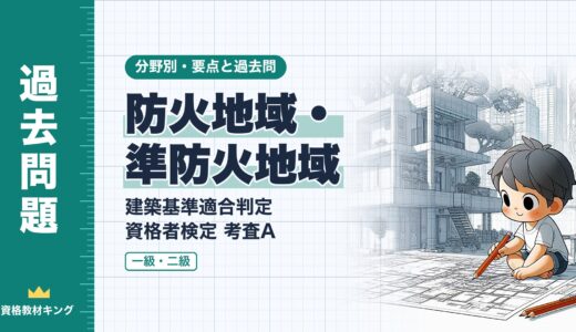 建築基準適合判定資格者検定 考査A【防火地域・準防火地域】耐火建築物等の規模・延焼防止建築物・屋根・看板・地域にわたる場合の要点と過去問（一級12回・二級2回）※完全無料